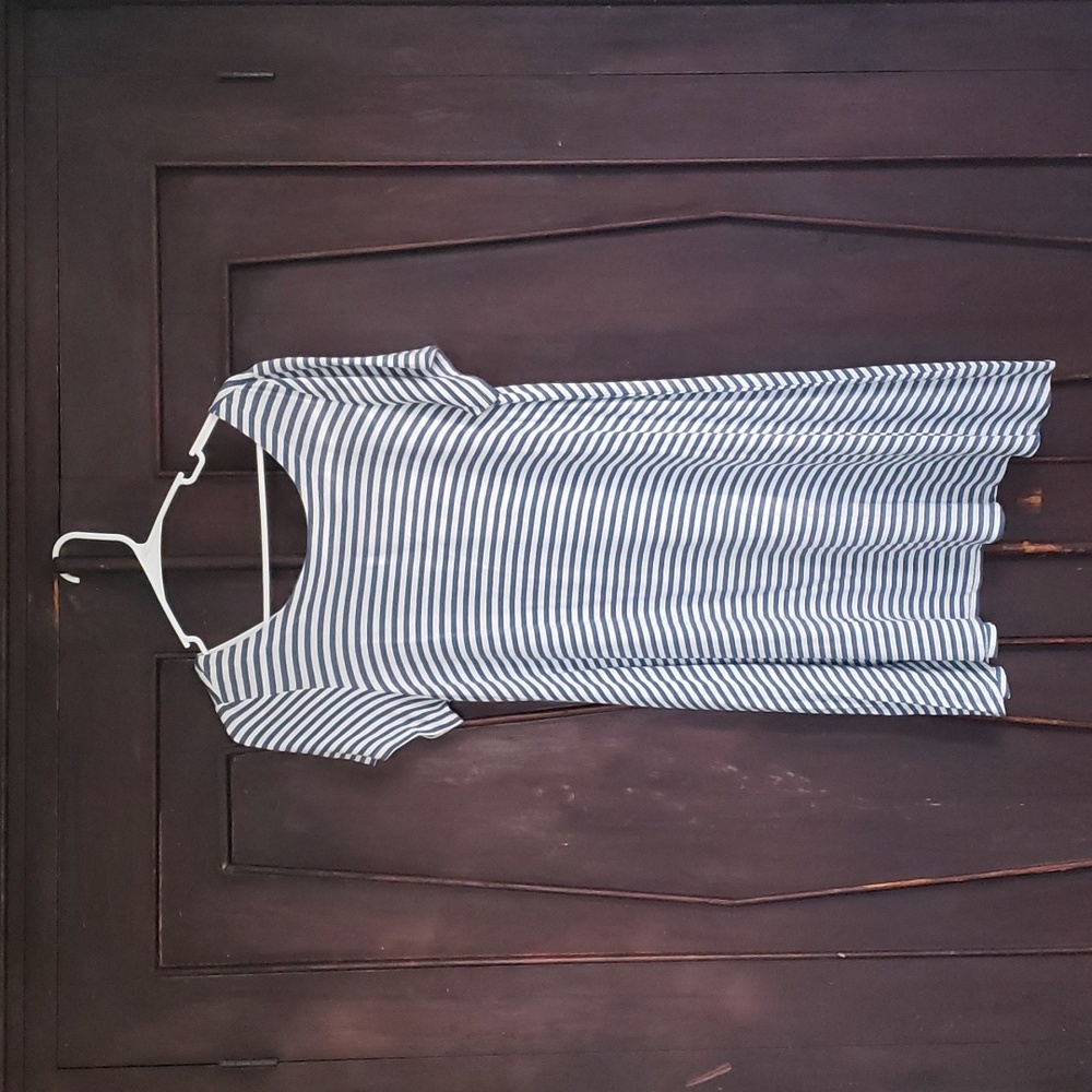 Loft Striped Dress Blue and White tie bow back A-line Short Sleeve Swing